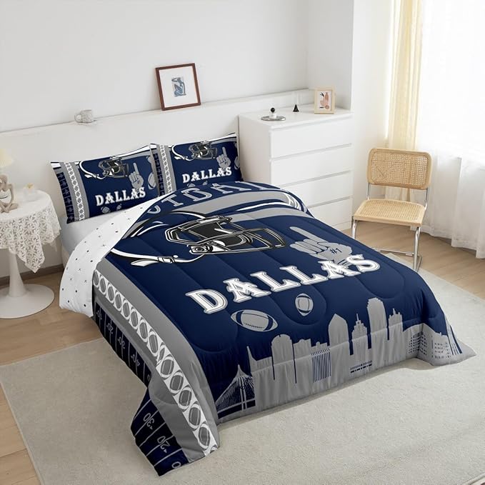 Feelyou Football Bedding Set Boys Girls Twin Size Women Men Rugby Sports Comforter Football City Duvet Quilt Gray Dark Blue Room Decor