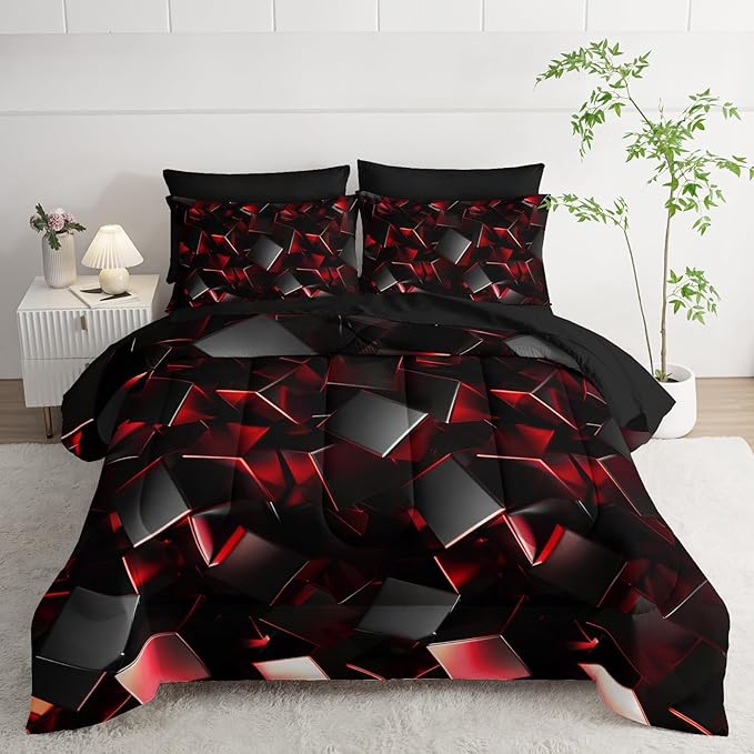 Red and Black Geometric Comforter Set Full Size 7PCS,Abstract Triangular Printed Bedding Set for Adults,Geometric Mordern Art Decor All Seasons with Pillowcases,Flat, Fitted Sheet