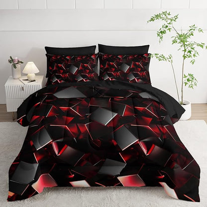 Red and Black Geometric Comforter Set Full Size 7PCS,Abstract Triangular Printed Bedding Set for Adults,Geometric Mordern Art Decor All Seasons with Pillowcases,Flat, Fitted Sheet