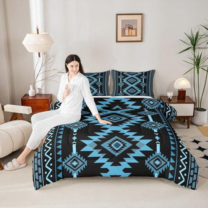 Feelyou Blue Black Southwestern Comforter Set Tribal Native American Indian Bedding Set Toddler Size Farmhouse Western Room Decor Duvet Quilt