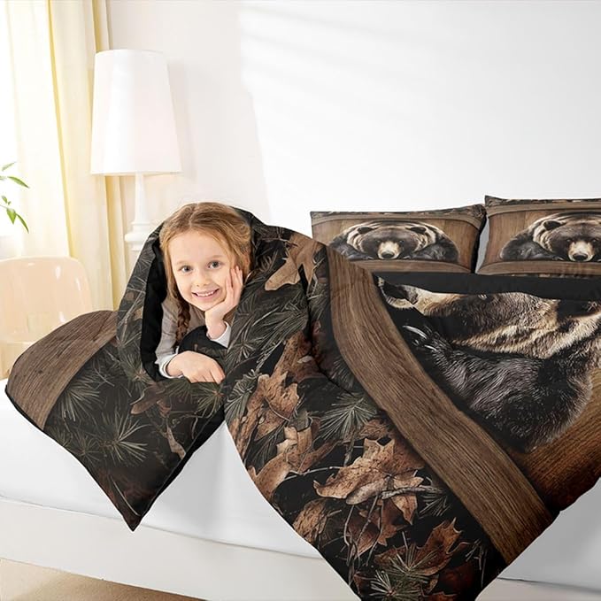 Erosebridal Grizzly Bear Comforter Set Rustic Hunting Bear Toddler Bedding Sets Kids Boys Teen Men Farmhouse Cabin Comforter Wildlife Animal Black Brown Quilt Duvet 2 Pcs