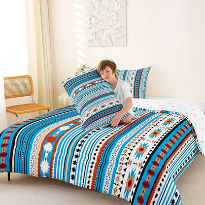 Erosebridal Western Decor,Vintage Exotic Indian Geometric Bedding Set Boho Western Comforter Set King,Ethnic Tribal Arrow Quilt Aztec Duvet Insert, Rustic Farmhouse Bedroom Blue White