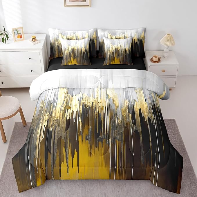 Abstract Graffiti Twin Comforter Set 7 Pieces Brown Yellow Bedding Comforter Sets for Adults, Oil Painting Gradient Bed in a Bag Modern Artwork Bedding Set, Ombre Brush Strokes Bed Sheets Set