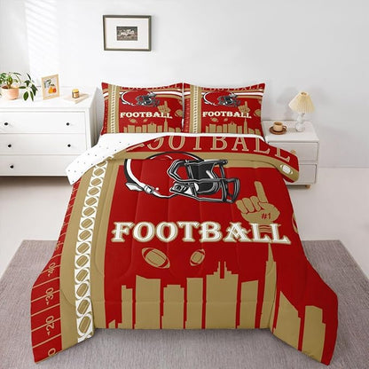 Feelyou Football Bedding Set Boys Girls Twin Size Women Men Rugby Sports Comforter Football City Duvet Quilt Brown Red Room Decor