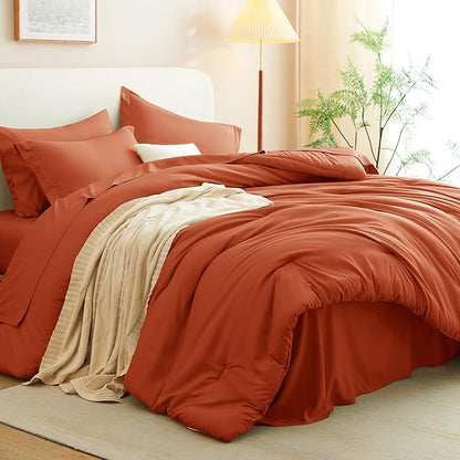 CozyLux Queen Comforter Set Burnt Orange, 7 Pieces Bed in a Bag Queen Size Comforter Set with Sheets, Terracotta Bedding Sets with Down Alternative Comforter, Sheets, Pillow Shams and Pillowcases