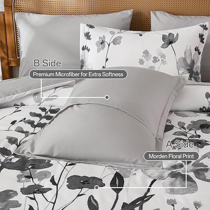 Anibedding 8Pieces Queen Comforter Set, Grey Watercolor Floral Queen Size Bed in a Bag Comforter Set with Pillowcase, Sheets for All Season
