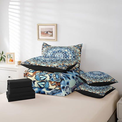 Erosebridal Oriental Medallion Bedding Set Art Deco Flower Full Comforter Set 7-Piece, Retro Mandala Bedding Comforter Sets Vintage Rustic Farmhouse Bed in a Bag, Hippie Floral Bed Sheets Set