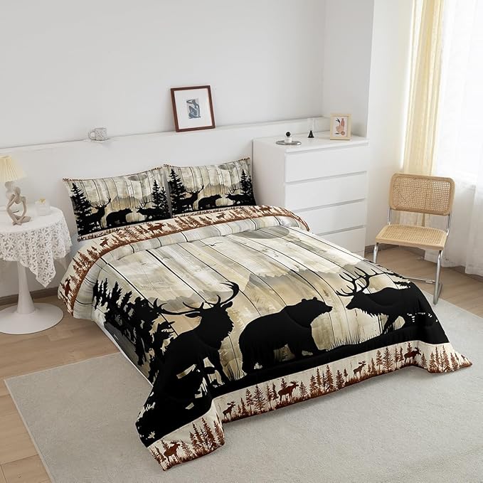 Feelyou Western Rustic Bear Deer Elk Comforter Set, Wooden Farmhouse Bedding Toddler, Hunting Wild Animal Quilt Forest Wildlife Hunting Bedding Comforter Sets Kids Boys Teens Adult Men Bedroom Decor