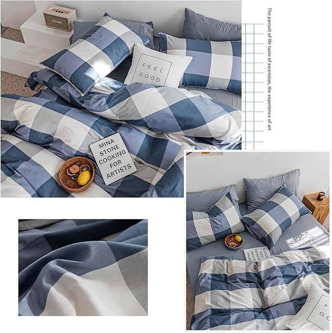 HighBuy Twin XL Comforter Set White Blue Modern Buffalo Plaid Comforter Sets Men Boy Geometric Checkered Grid Pattern Bedding Comforter Set Soft Fluffy Gingham Bedding Set Comforter Sets Twin XL Size