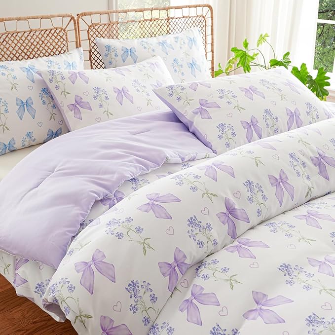 Purple Bow Comforter Set Queen 3 Pieces Floral Bedding Set for Girls Kids, Romantic Princess Style Bowknot Bedding, Ultra Soft Microfiber Garden Flower Comforter Sets with 2 Pillowcases