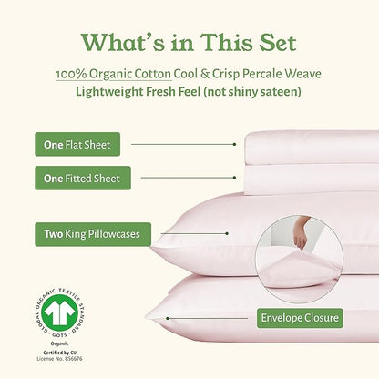 California Design Den 100% Organic Cotton Sheets King Size Deep Pocket Set - Soft and Crisp Percale King Sheet Set, Cooling and Durable Bedding (Pink - Chalky Tone)