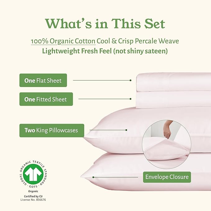California Design Den California King Sheets Set - Soft 100% Organic Cotton, Deep Pockets, Crisp Percale Cotton Sheets, Breathable and Durable Bedding Set (Pink - Chalky Tone)
