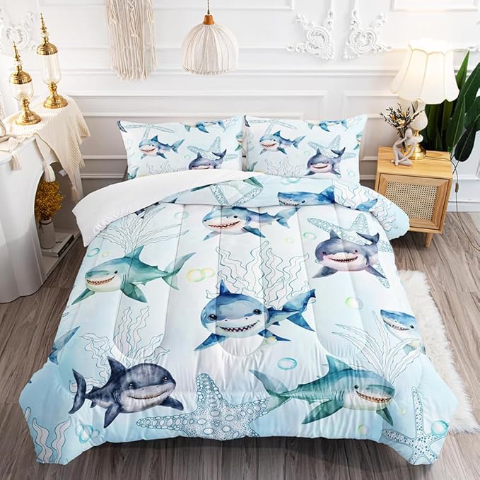 Boys Blue Ocean Shark Comforter Set Twin Size Shark Starfish Bedding Sets Seaweed Quilt Bed Set for Kid Girls with 1 Comforter and 2 Pillowcases