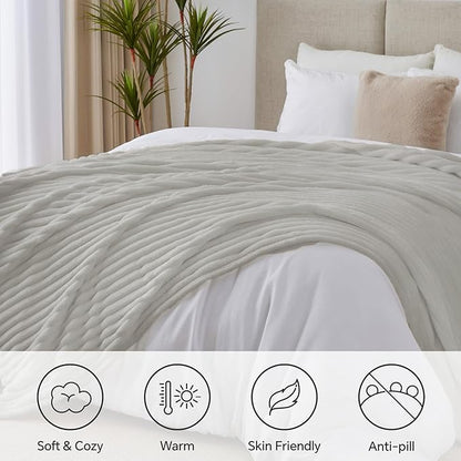 BEDELITE Blankets Queen Size for Bed, 300GSM Soft & Warm Fleece Blanket, Decorative and Giftable Striped Light Grey Blankets for Women, Men, 90"x90"