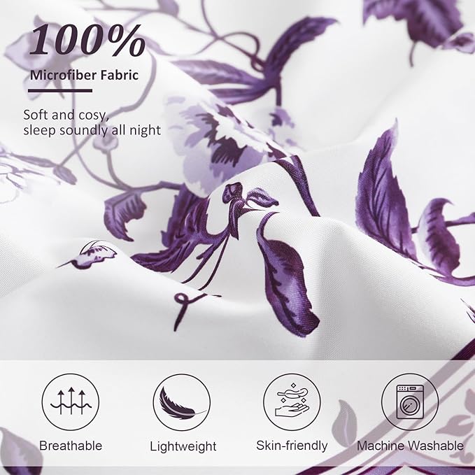 Dobuyly Purple Comforter Set Queen Size, 7 Piece Bed in a Bag Queen Floral Botanical Bedding Set, Soft Microfiber Bedding Comforter Sets with Sheets for All Season