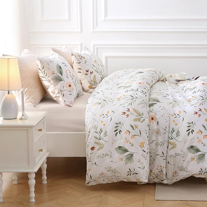 MUXHOMO Garden Leaves Full Comforter Set, Elegant Floral Print Bed in a Bag 7 Pieces, Ultra Soft & Breathable Reversible Botanical Pattern Bedding Set with Comforter, Sheets, Pillowcases, and Shams