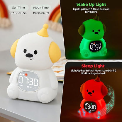 Dog Alarm Clock with Night Light for Kids with Sleep Training and Sound Machine, Rechargeable Silicone Lamp OK to Wake Clock，Cute Animal Tabletop Lamp, Perfect Sleep Companion for Boys Girls