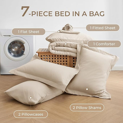 Sasttie King Size Comforter Set, 7 Pieces Bed in a Bag King, Complete Bedding Set Includes Comforter, Flat Sheet, Fitted Sheet, Pillowcases and Pillow Shams, Beige