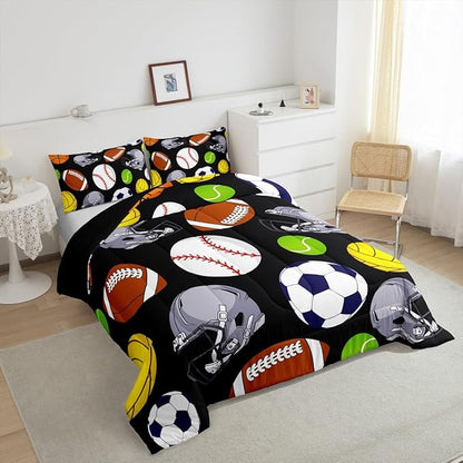 Feelyou Basketball Comforter Set Full Size Sports Game Comforter for Boys Girls Teens Baseball Bedding Set Football Duvet Set Room Decor Carbon Black Mixed Ball Quilt Set