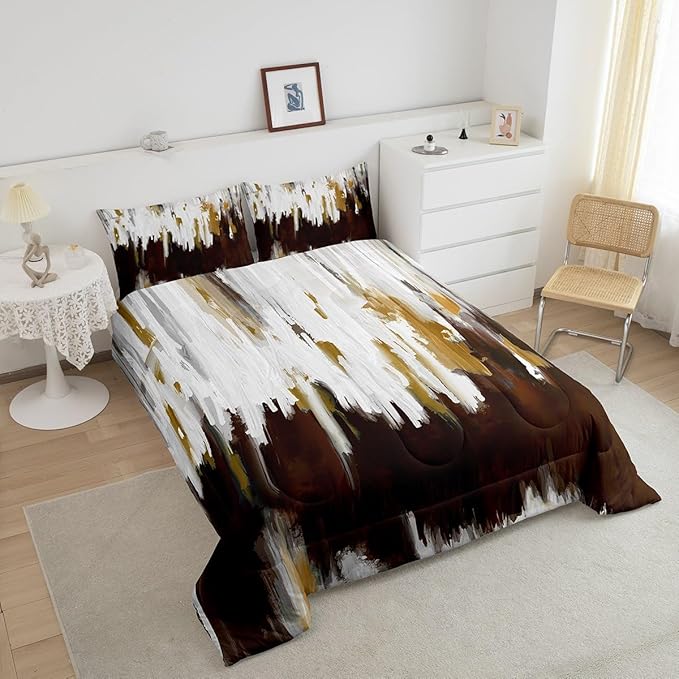 Maillard Brown Bedding Set King Abstract Watercolor Comforter Set, Gradient Stripe Duvet Insert Chic Vintage Aesthetic Quilt Sets, Graffiti Oil Painting Modern Bedding Comforters & Sets for Kids Teens