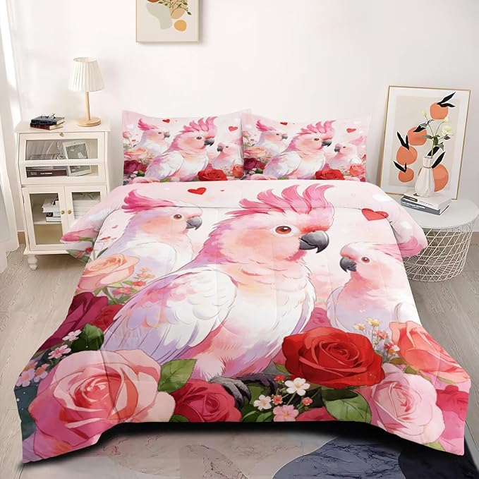Cute Parrot Comforter Set Queen Size Girls Pink Parrots Rose Floral Pattern Bedding Set Modern Aesthetic Bedding Sets Soft Microfiber Comforter Sets with 2 Pillowcases