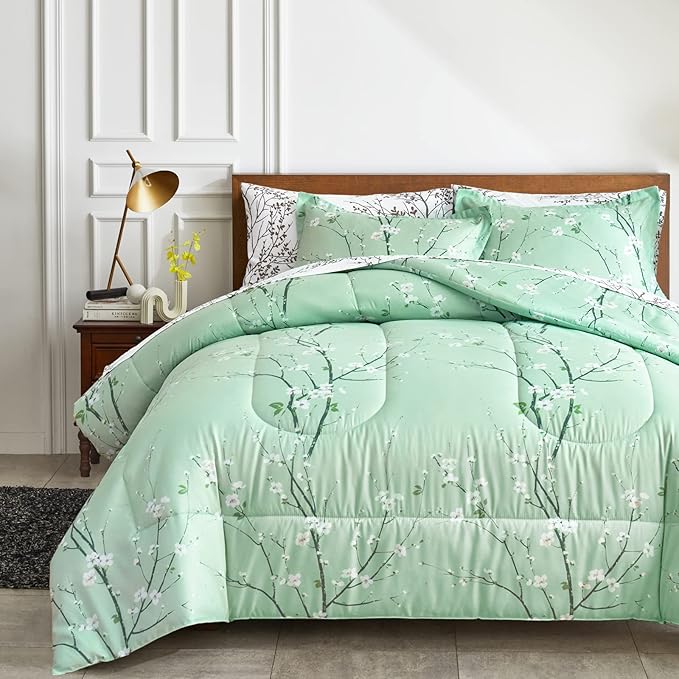 Green Comforter Sheet Set Bed in a Bag 7 Pieces Queen Size Tree Branch Bloom Flower Microfiber Reversible Bedding Set (1 Comforter 2 Pillow Shams 1 Flat Sheet 1 White Fitted Sheet 2 Pillowcases)