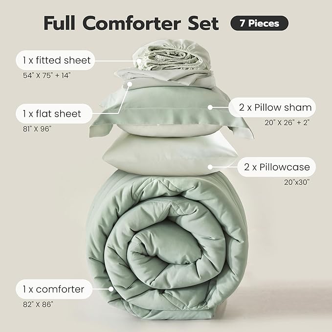 Joiedomi Full Size Comforter Set with Sheets Sage Green, 7 Pieces Full Size Bed Set with 1 Down Alternative Comforter, 1 Flat Sheet, 1 Fitted Sheet, 2 Pillowcases and 2 Pillow Shams, Bed in a Bag