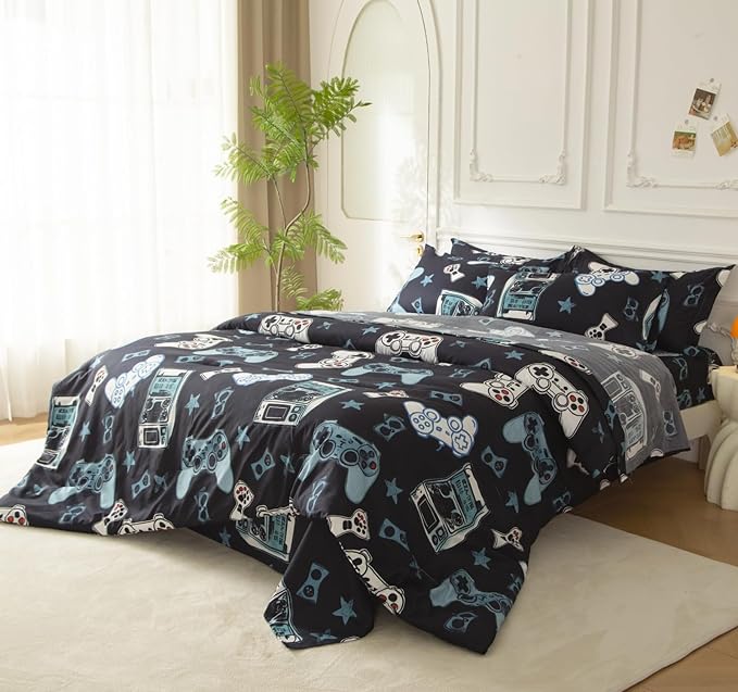 SDY 7PCS Full Gaming Console Comforter & Sheet Set，Soft Cute Gamer Microfiber Bedding for Kids, Boys & Toddlers Room Decor, Includes 1 Comforter, 1 Flat&Fitted Sheet, 2 Pillowcases & 2 Pillow Shams