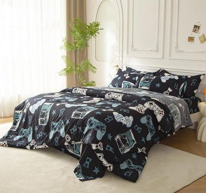 SDY 7PCS Game Console Comforter Set Queen，Cute Soft Microfiber Gamer Bedding Sets for Toddlers, Gaming Bedding with Comforter, Flat Sheet, Fitted Sheet and Pillowcases & Shams