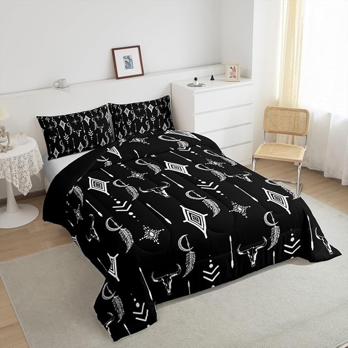 Feelyou Western Bull Skull Bedding Set Toddler Size Ethnic Horns Boho Comforter Black White Tribal Symbol Mysterious Aztec Comforter Set for Man Women