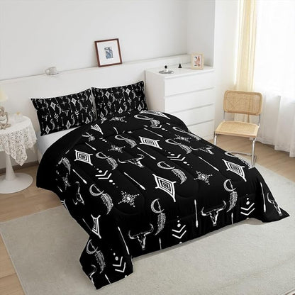 Feelyou Western Bull Skull Bedding Set Twin Size Ethnic Horns Boho Comforter Black White Tribal Symbol Mysterious Aztec Comforter Set for Man Women