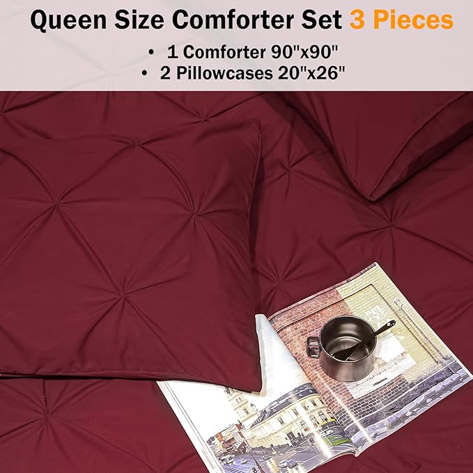 Andency Burgundy Queen Comforter Set, 3 Pieces Pinch Pleat Comforter, All Season Soft Lightweight Pintuck Microfiber Bedding Comforter Set