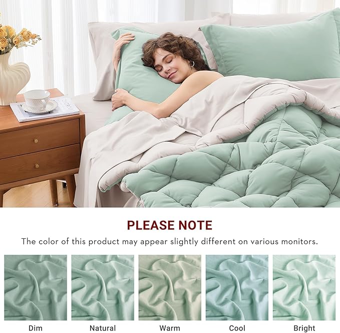 MUXHOMO 5 Pieces Twin XL Comforter Set, Reversible Bed in a Bag Twin XL Size, All Season Bedding Set with Comforter, Flat Sheet, Fitted Sheet, Pillowcases & Shams, Sage Green & Beige