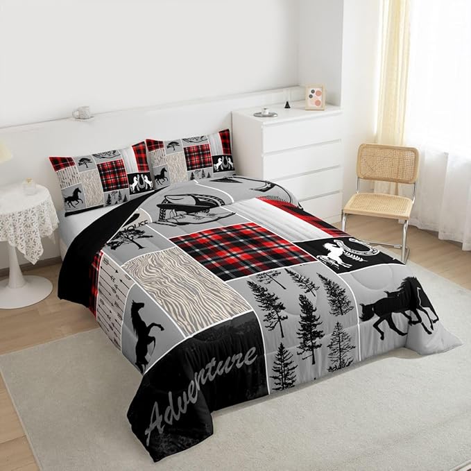 Erosebridal Horse Duvet Insert for Boys, Western Cowboy Comforter Set Horseshoe Riding Boots Bedding Set Vintage Adventure Decor Rustic Farmhouse Cabin Lodge Quilt King, with 2 Pillow Cases,Red Grey