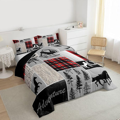 Erosebridal Horse Duvet Insert for Boys, Western Cowboy Comforter Set Horseshoe Riding Boots Bedding Set Vintage Adventure Decor Rustic Farmhouse Cabin Lodge Quilt King, with 2 Pillow Cases,Red Grey