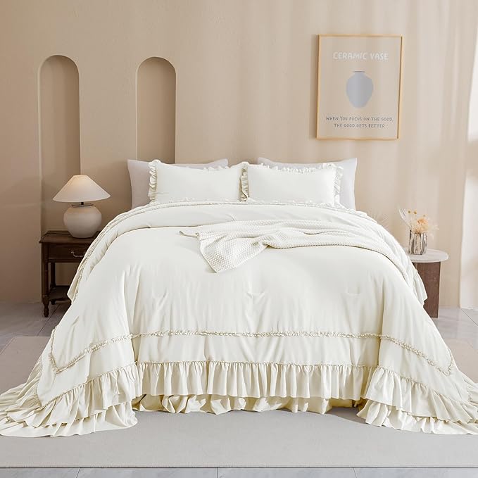 QSH Oversized King Ruffle Comforter 128x120,3PCs Ivory Farmhouse Lightweight Ruffled Bed Comforter Set Soft Microfiber Shabby Boho Chic California King Bed Comforter Set French Country Bedding