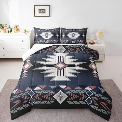 Southwestern Comforter Set Full Size,Rustic Farmhouse Western Bedding Set,Kids Adult Geometric Aztec Tribal Arrow Striped Quilt Set Dark Blue Red Vintage Bohemian Duvet Insert,2 Pillowcases