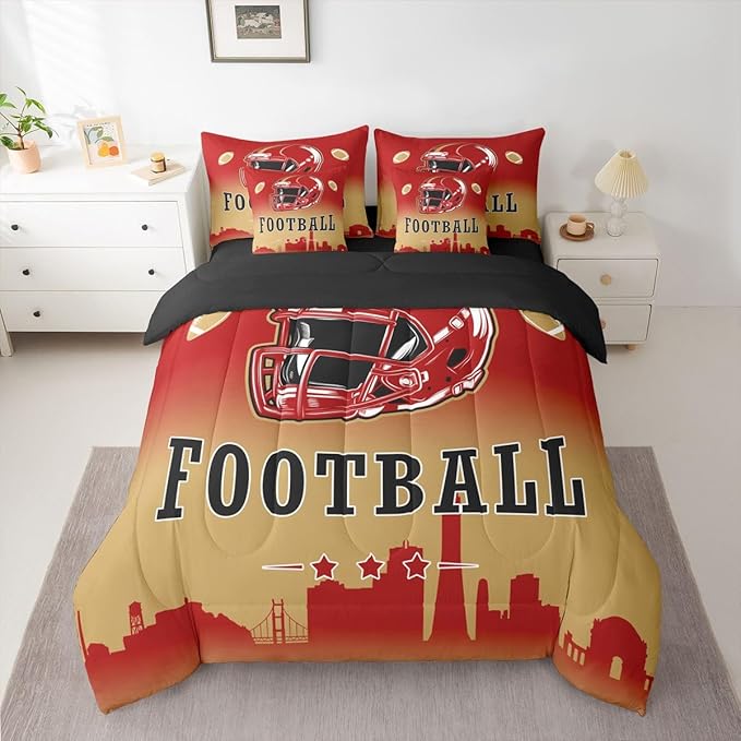 Erosebridal Red Yellow Football Twin Bed in A Bag for Sports Lovers,American Soccer City 7 Pcs Bedding Set for Kids Boys Teen,Sports Rugby Comforter Set with Sheets Ball Games Bed Set
