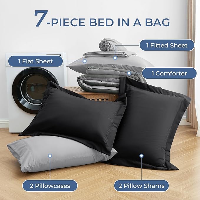 Sasttie Queen Comforter Set, 7 Pieces Bed in a Bag Queen, Complete Bedding Set Includes Comforter, Flat Sheet, Fitted Sheet, Pillowcases and Pillow Shams, Black & Light Grey