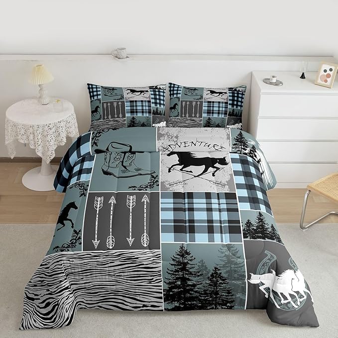 Erosebridal Western Cowboy Bedding Set Queen, Horse Arrow Comforter Set with 2 Pillow Cases, Riding Boots Horseshoe Quilt Rustic Farmhouse Patchwork Duvet Insert for Kids Boys Teens Bedroom Decor