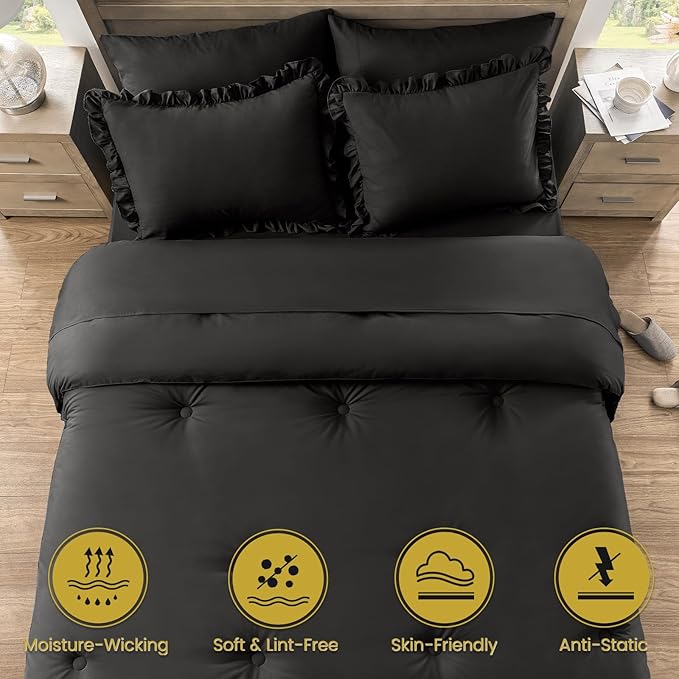 QUIETSEA King Size Bed in a Bag 7 Pieces King Size Comforter Set, Ruffle Shabby Chic Bedding Comforter Set Black Bed Set with Comforter, Pillowcases, Flat Sheet, Fitted Sheet and Pillow Shams