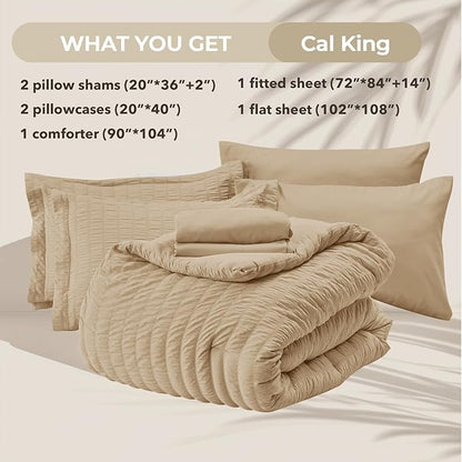 HYMOKEGE Khaki California King Comforter Set Seersucker 7 Pieces, All Season Luxury Bed in a Bag for Bedroom, Bedding Set with Comforter, Sheets, Pillowcases & Shams