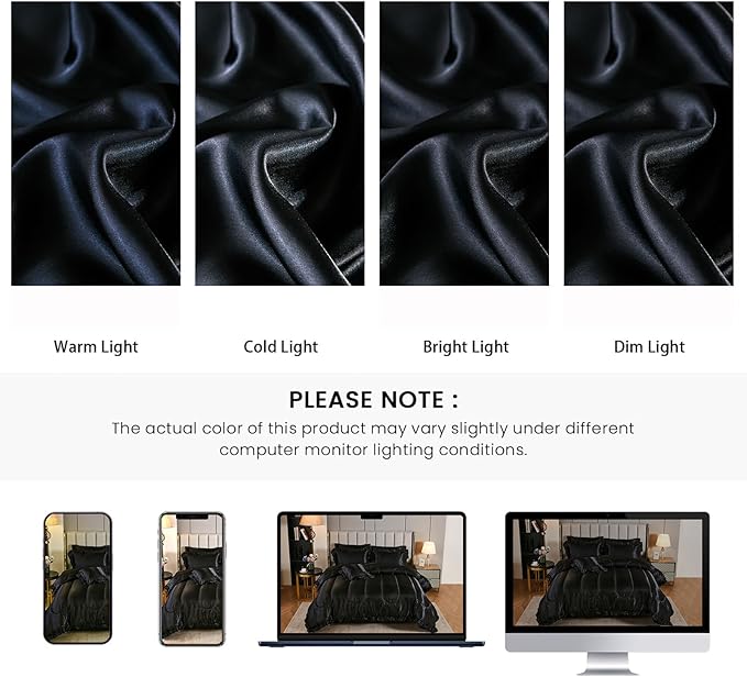 Satin Comforter Set with Sheet Set Queen 8 Pieces Silk Like Black Bedding Silky Ruffle Pattern Luxury Silky Comforter Set with 1 Cushion Cover