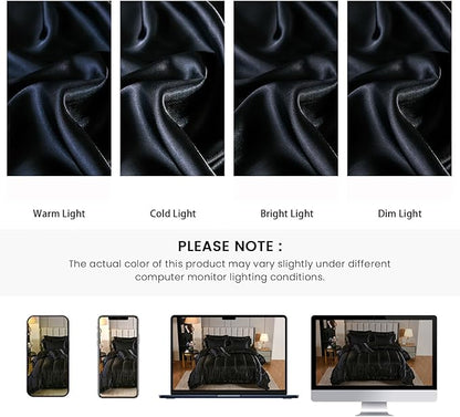 Satin Comforter Set with Sheet Set Full 8 Pcs Silk Like Black Bedding Set Silky Ruffle Pattern Luxury Silky Comforter Set with 1 Cushion Cover