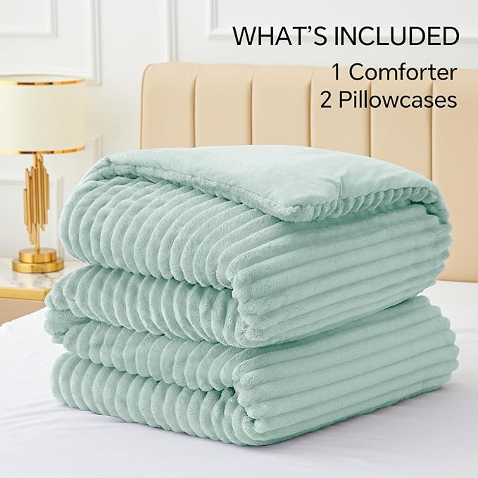 BEDELITE Fleece King Comforter Set -Super Soft & Warm Fluffy Light Green Bedding, Luxury Fuzzy Heavy Bed Set for Winter with 2 Pillow Cases