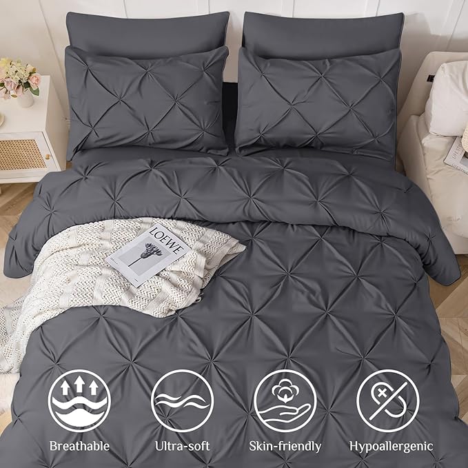 JOLLYVOGUE Full Size Comforter Sets 7 Pieces - Bed in a Bag Full for All Season, Pintuck Bedding Comforter Sets with Comforter, Flat Sheet, Fitted Sheet and Pillowcases & Shams, Grey