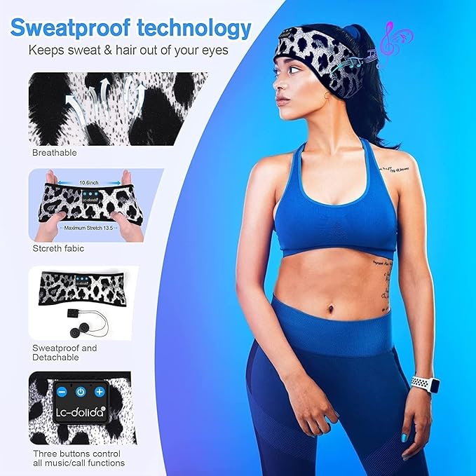 LC-dolida Sleep Headphones Bluetooth 5.4 Headband, Sports Wireless Earphones with Ultra-Thin HD Stereo Speaker Sweat Resistant Earbuds Sleeping Headphone for Workout Running Cool Gadgets Unique Gifts