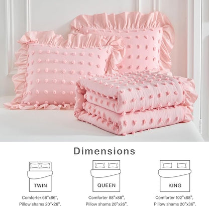 Tufted Dots Ruffle Comforter Set Full/Queen Size, 3 Pieces Pink Vintage Farmhouse Shabby Chic Comforters, Jacquard Boho Bohemian Bedding Set for All Season (1 Ruffled Comforter+ 2 Pillow Shams)