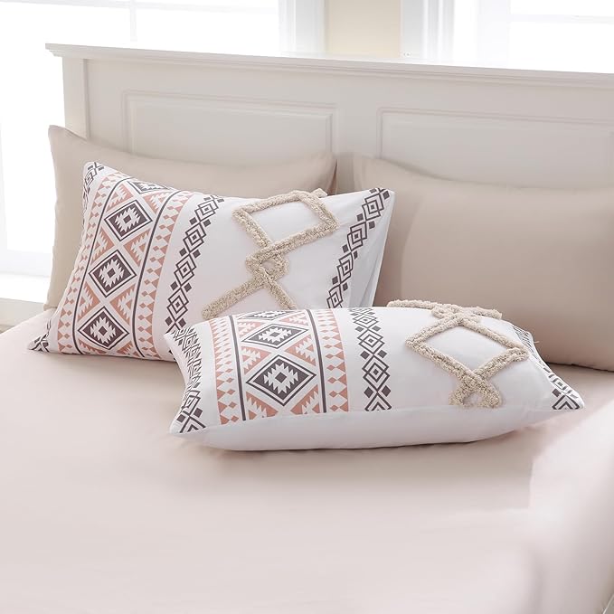 MOVE OVER Beige Tufted Comforter Set Queen Size 5 Pieces Bohemian Style Geometric Tufted Bedding Set Farmhouse Boho Aztec Comforter Set with 2 Decor Pillow Covers for Room Decor