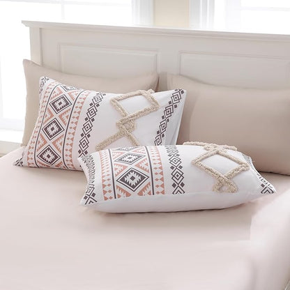 MOVE OVER Beige Tufted Comforter Set Queen Size 5 Pieces Bohemian Style Geometric Tufted Bedding Set Farmhouse Boho Aztec Comforter Set with 2 Decor Pillow Covers for Room Decor
